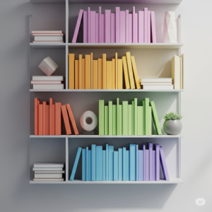 Modern Minimalist Stacks. Sleek, contemporary bookshelf with clean lines, artfully arranged books (color-coded), and a few carefully chosen decorative objects. The 3D effect here highlights the geometric precision and modern aesthetic.