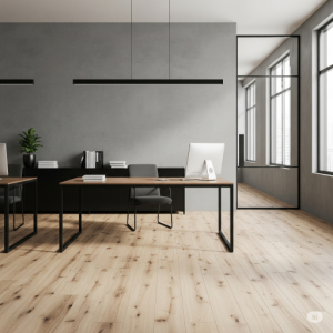 Modern Industrial Minimalist Office, smooth concrete wall, light-toned engineered wood floor, and sleek, black metal desk with a thin, dark wood top.