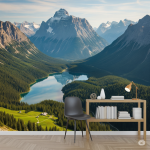 Mountain Vista Wallpaper Mural. Majestic peaks, serene lakes, a sense of grandeur, and calm.