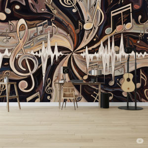 Music room wallpaper mural printing. Abstract representations of musical notes. 