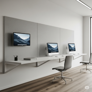 Office Wall-Mounted Monitors and Floating Desks. These save considerable floor space and contribute to a clean, minimalist look.