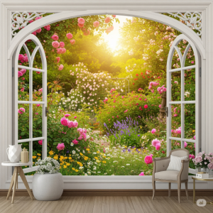 Open Window with a Nature View. This wallpaper mural design features a realistic window frame looking out onto a vibrant a tranquil garden, adding light and depth to a windowless room.