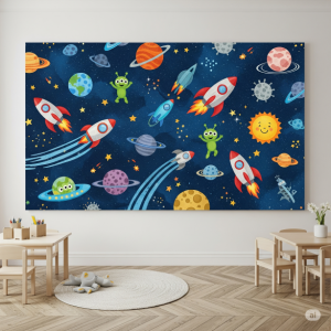 Outer Space Adventure Canvas Wallpaper Printing for Nursery School Classroom. 