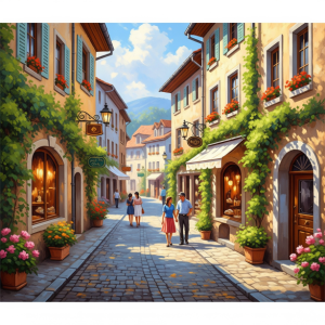 Painterly Cityscapes Wallpaper Mural looks like a painting rather than a photograph. A charming European street scene, where brushstrokes are visible even in the ink-jet print.