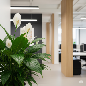Peace Lily (Spathiphyllum) in office interior decoration.