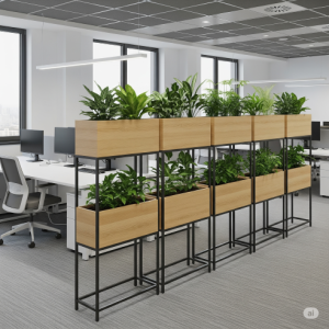 Planter boxes are strategically used to create a natural office partition.
