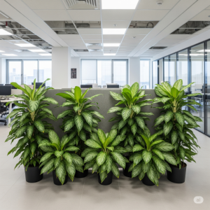 Several Aglaonema plants in a line create a natural, soft partition within an open-plan office.