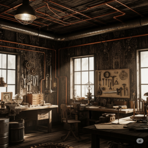 Steampunk-Inspired Workshop Office Room. Dark, textured distressed wood wallpaper combined with exposed pipes.
