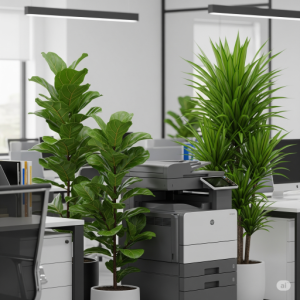 Strategically place Ficus and Dracaena plants near noise sources like printers for sound absorption and deflection.