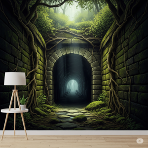 Subterranean tunnel Wallpaper Mural. An opening into a subterranean tunnel, complete with mossy stones and shadowy depths.