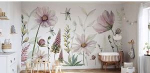 Subtle fine woven texture, light beige botanical wallpaper. 