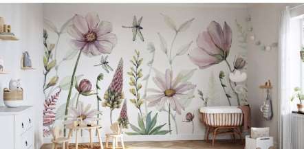 Subtle fine woven texture, light beige botanical wallpaper. Soft, realistic botanical celestial theme non-toxic wallpaper for nursery.