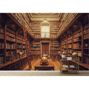 The Grand Library Wallpaper Mural. A towering, ornate bookshelf stretching from floor to ceiling, filled with leather-bound tomes, antique globes, and a rolling ladder. The 3D effect emphasizes the depth and grandeur, making your room feel like a historic, sophisticated library.