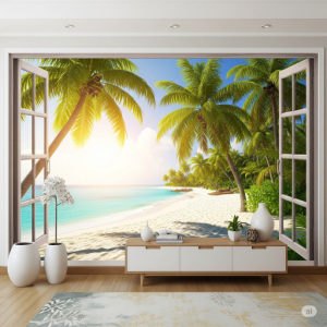Tropical Beach with Palm Trees 3D Wallpaper Mural. The illusion of looking out onto a serene, sun-drenched beach.