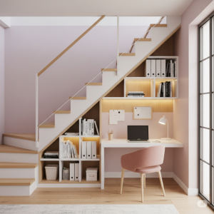 Under-Stair Office Room Design. Use of often-wasted space under a staircase by creating a custom desk and shelving unit.