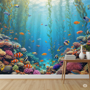 Underwater World Wallpaper Printing. Coral reefs, colourful fish, gentle swaying kelp mural.