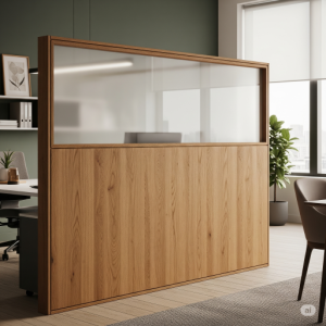 Warm Wood & Etched Glass Office Partition Wall