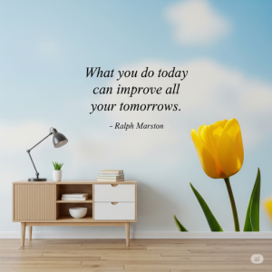 "What you do today can improve all your tomorrows." - Ralph Marston, inspirational study room wallpaper mural. Visual idea: A bright, optimistic color scheme, perhaps with a subtle nature element like a blooming flower or a clear sky. A graceful, contemporary font.