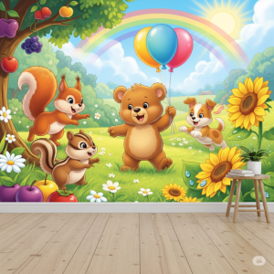 Whimsical Animal Kingdom Wallpaper Printing. Cute and friendly animals in a playful setting, children's room mural. 