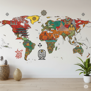 World Map (Artistic) Canvas Wallpaper Printing. Stylized indoor map wall art with cultural references.
