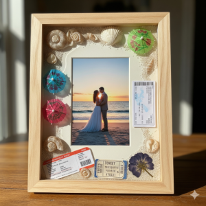 a custom-made wedding photo frame with embedded honeymoon souvenirs