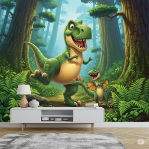 A friendly, cartoonish T. Rex in playful poses amidst lush prehistoric landscapes, wallpaper mural.