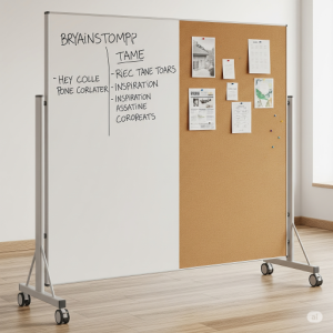 Mobile Whiteboard/Bulletin Board Combo: A wheeled partition with one side a whiteboard and the other a cork bulletin board.