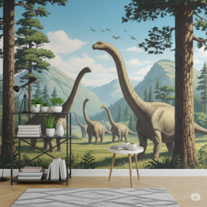 Apatosaurus wallpaper mural, gentle, long-necked dinosaurs in serene landscapes. 