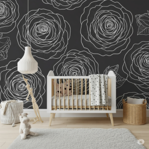 Bold Rose Outline (White on Charcoal Grey) Nursery Wallpaper Mural