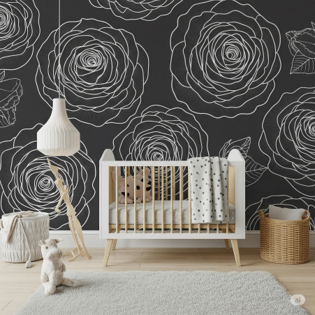 Bold Rose Outline (White on Charcoal Grey) Nursery Wallpaper Mural Bold Rose Outline (White on Charcoal Grey) Nursery Wallpaper Mural