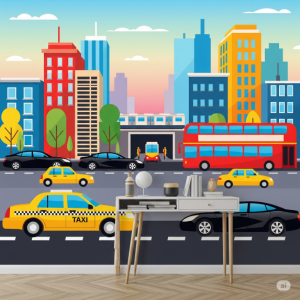 Busy Cityscape with Vehicles Wallpaper Mura