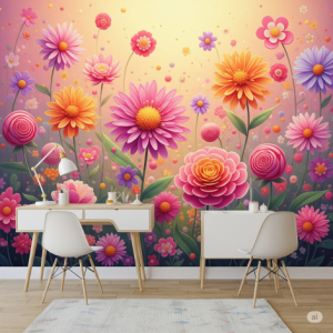 Candy-Colored Floral Explosion Girls' Room Wallpaper Mural
