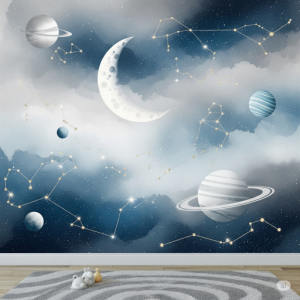 Celestial Sky (Stars, Moon, Planets) Gender Neutral Nursery Wallpaper Mural. 