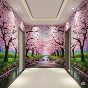 Cherry blossom hallway wallpaper mural.