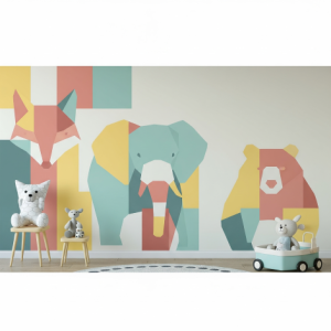 Children's Room Geometric Animal Silhouettes (Hidden) Wallpaper Mural.