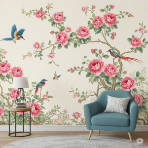 Classic Chinoiseries Pink Rose Wallpaper Mural