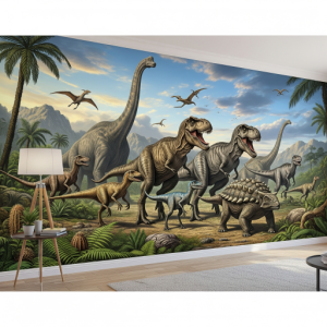 Dinosaur Parade: A procession of different dinosaur species marching across the wall.