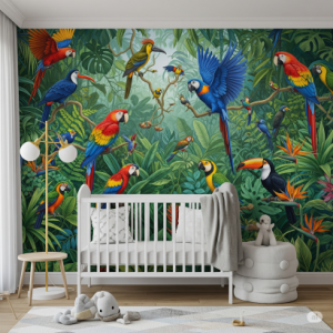 Dreamy Forest Animals & Watercolour Flowers Nursery Wallpaper Mural. Sleepy foxes, bunnies, and owls, drawn with soft lines and a gentle expression.