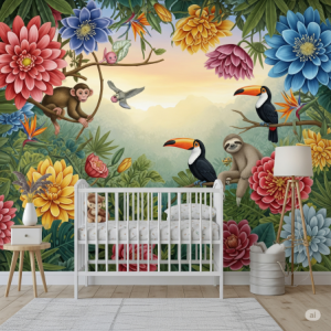 Earthy tones, Jungle Friends and Oversized Flowers Nursery Wallpaper Mural.