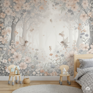 Enchanted Forest Fairies & Muted Blooms Children's Bedroom Wallpaper Mural. 