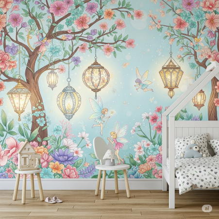 Enchanted Garden Children's Bedroom Wallpaper. Lush florals, whimsical trees, and hidden magical elements like fairies and glowing lanterns. Enchanted Garden Children's Bedroom Wallpaper.