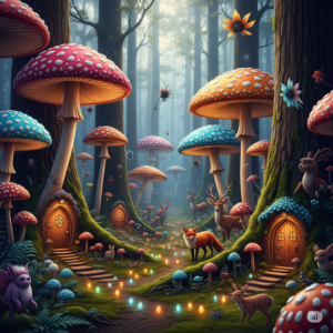 Fairy Tale Mushroom Forest Wallpaper Mural Children's Room. A whimsical forest with oversized, colorful mushrooms (toadstools) as a prominent feature. Tiny fairy doors at the base of trees, twinkling lights (painted), and a few fantastical creatures alongside the usual woodland animals.