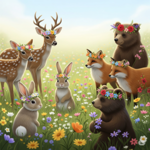 Flower Crown Animals Children's Room Wallpaper Mural. Whimsical garden animals (bunnies, deer, foxes, bears) are adorned with delicate flower crowns, set against a simple field of wildflowers.