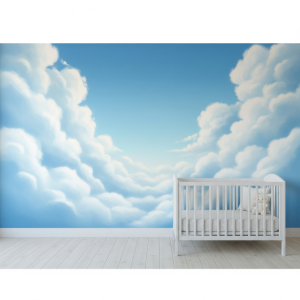 Fluffy White Clouds on a Blue Sky Nursery Wallpaper Mural.