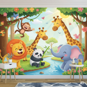 Friendly animals children's room wallpaper mural.