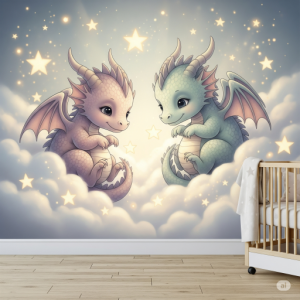 Gentle and friendly baby dragon nursery wallpaper mural.