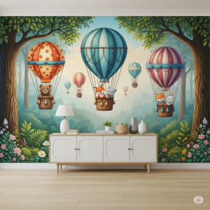 Gentle hot air balloons ascending through a serene forest, nursery wallpaper mural.