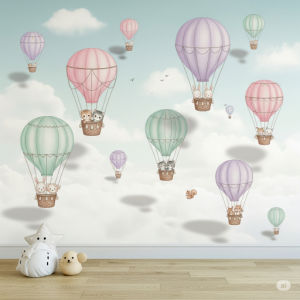 Hot Air Balloons Nursery Wallpaper Mural. Gentle, floating balloons in pastel shades, with tiny animals peeking out.