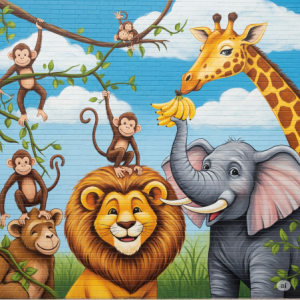 Jungle Safari Unisex Nursery Wallpaper Mural: A playful mural featuring friendly lions, giraffes, elephants, and monkeys. 