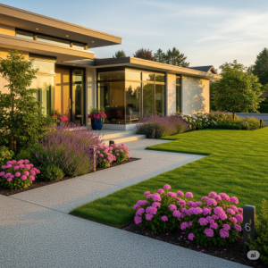 Manicured Front Exterior, a professional photo of the house's exterior with a well-maintained lawn, clear pathways, and some blooming flowers to create strong curb appeal.